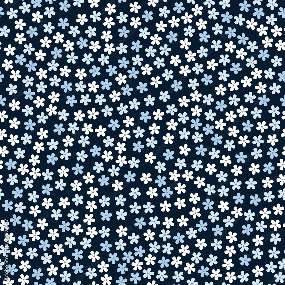 Ditsy seamless floral pattern with little blue and white flowers on black background. Print for fabric, textile, wrapping paper.