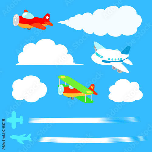 飛行機と雲のイラストセット