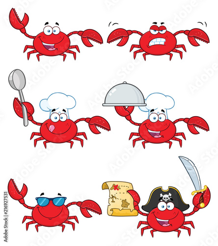 Crab Cartoon Character Set 3. Vector Collection Isolated On White Background