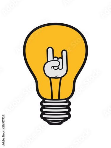 hand teufen heavy metal zeichen musik party hard rock glühbirne licht strom idee schlau überlegen lösung hell lampe leuchten birne clipart comic cartoon photo