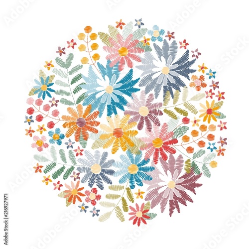 Embroidery. Round pattern with summer flowers  leaves and berries. Vibrant floral composition on white background. Vector print.