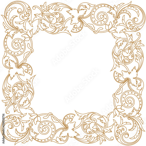 Golden vintage border frame engraving with retro ornament pattern in antique baroque style decorative design. Vector