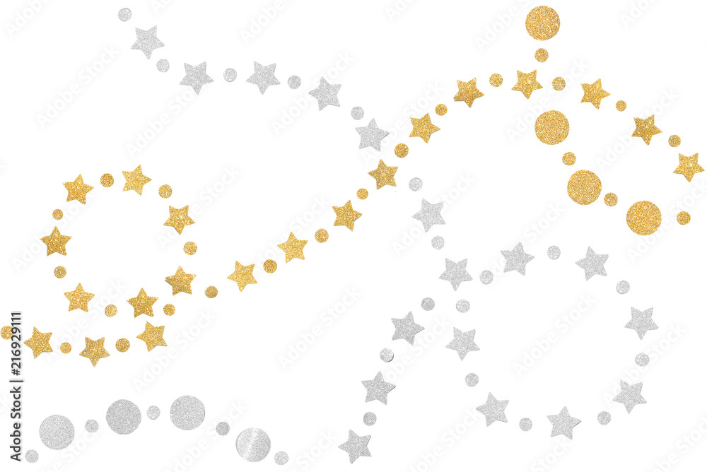 Gold and silver glitter string paper cut on white background - isolated Gold and silver glitter string paper cut on white background - isolated