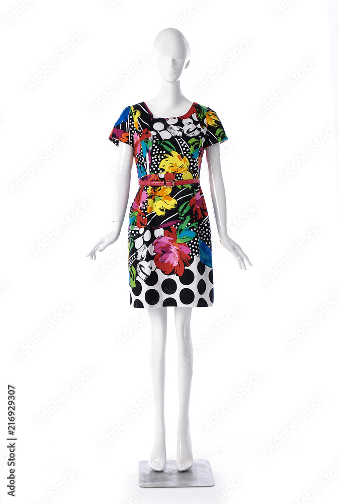 female wearing floral sundress clothing on full-length mannequin isolated-white background