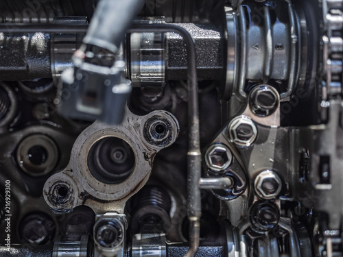 engine closeup parts, valves, bolts