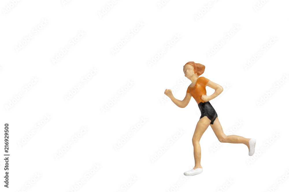 Miniature people running isolated on white background with clipping path.