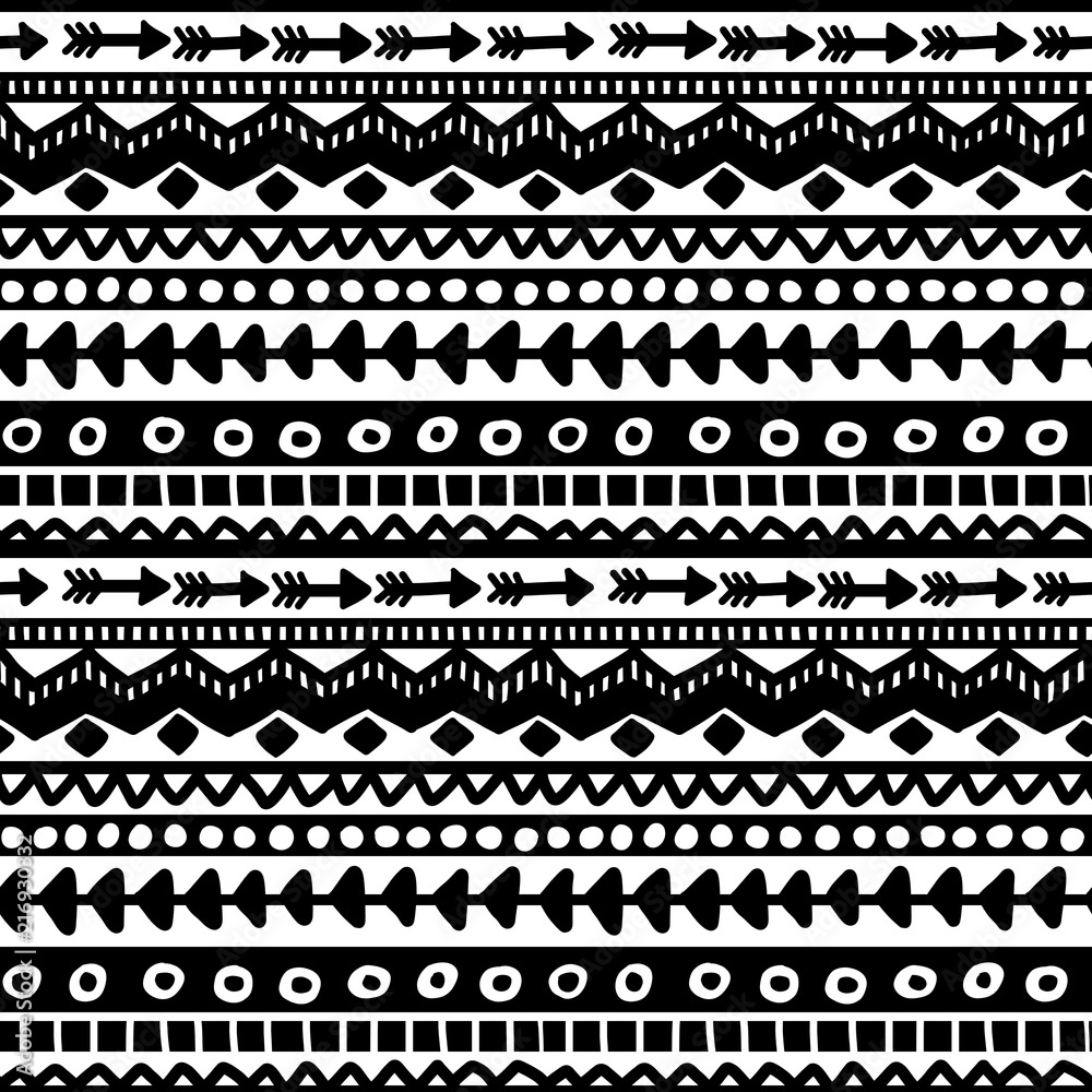 Seamless black and white geometric background. Ethnic hand drawn pattern for wallpaper, cloth, cover, textile Seamless black and white geometric background. Ethnic hand drawn pattern for wallpaper, cloth, cover, textile