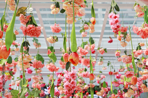 Beautiful Upside down flowers hanging from ceiling.