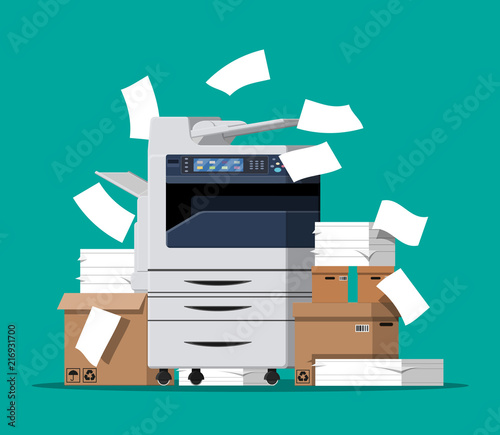 Office multifunction machine. Pile of paper documents, boxes and folders. Bureaucracy, paperwork, office. Printer copy scanner device. Proffesional printing station. Vector illustration in flat style
