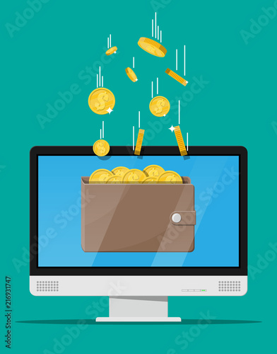 Concept of online income. Earnings in internet network. Electronic wallet. Freelance work. Golden coins flying in wallet on computer monitor. Growth, income, success. Flat style vector illustration