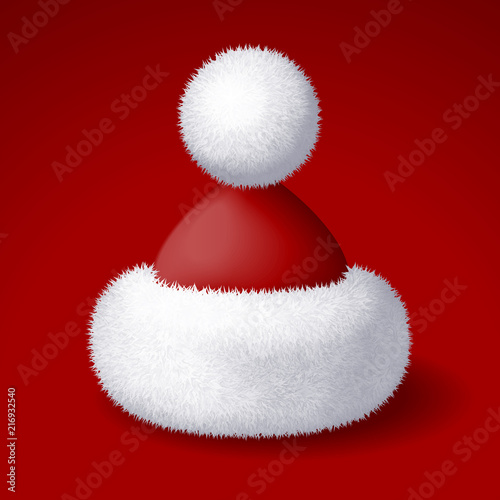 Realistic vector Santa hat with white fur isolated on red background