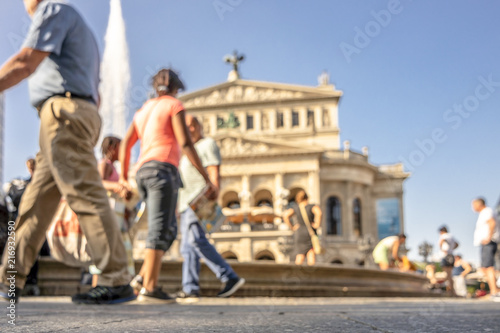 Blurry shot of people walking on the Opernplatz in Frankfurt Germany and looking for refreshment in the water of the fountain © Lukassek