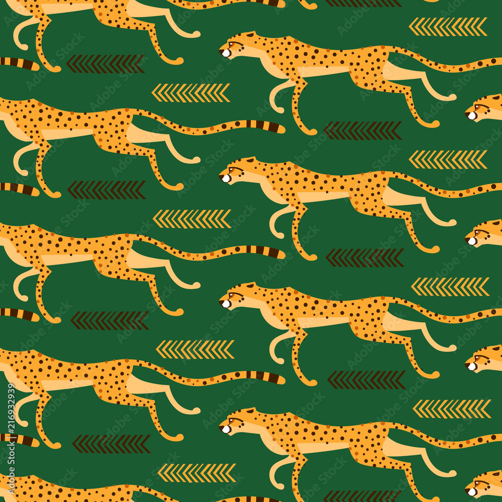 Fototapeta premium Seamless pattern with running cheetahs, leopards. Repeated exotic wild cats on a green background. Vector illustration
