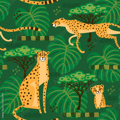 Seamless pattern with cheetahs, leopards in the jungle. Repeated exotic wild cats in the background of the savannah. Vector stylized travel illustration