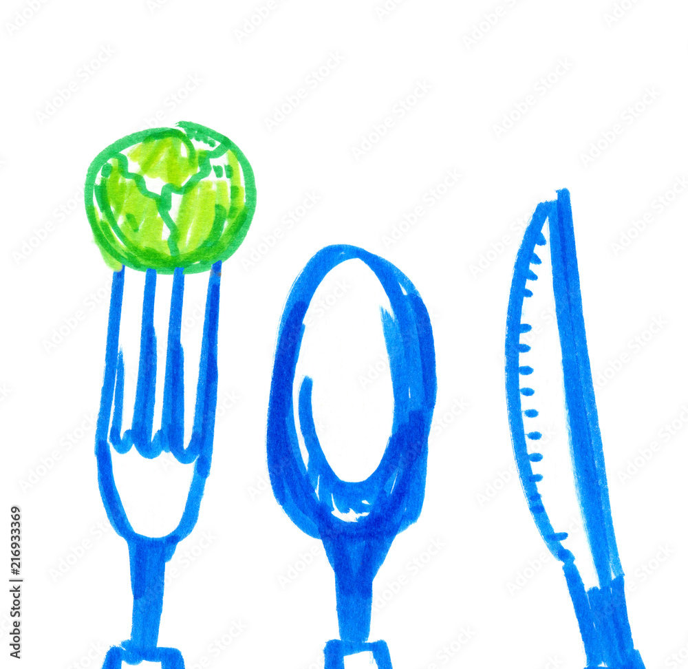 Set of cutlery. A fork with a round green Brussels sprout, a knife and a spoon painted in highlighter felt tip pen on clean white background Set of cutlery. A fork with a round green Brussels sprout, a knife and a spoon painted in highlighter felt tip pen on clean white background