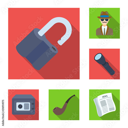 Detective and Attributes flat icons in set collection for design.Detective Agency vector symbol stock web illustration.