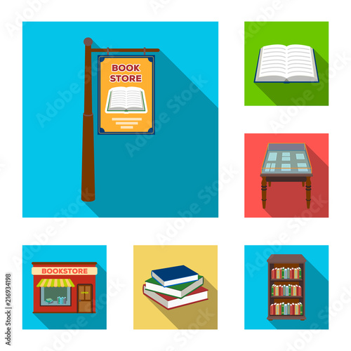 Library and bookstore flat icons in set collection for design. Books and furnishings vector symbol stock web illustration.