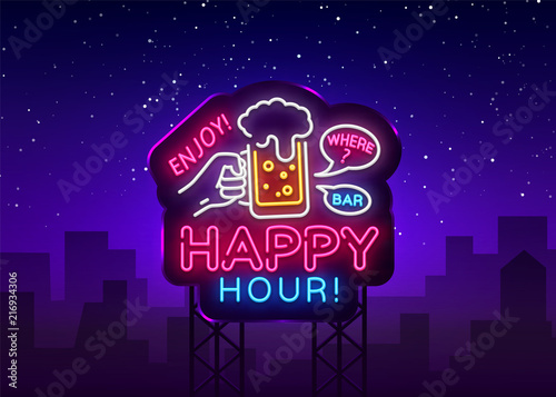 Happy Hour neon sign vector. Happy Hour Design template neon sign, Night Dinner, celebration light banner, neon signboard, nightly bright advertising, light inscription. Vector Billboards