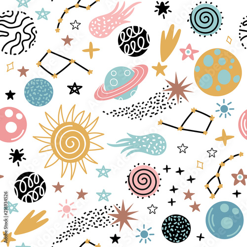 Seamless pattern with hand-drawn space