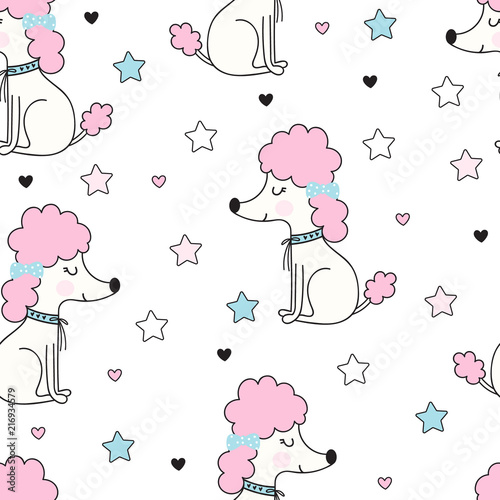 Seamless pattern with funny poodle dog