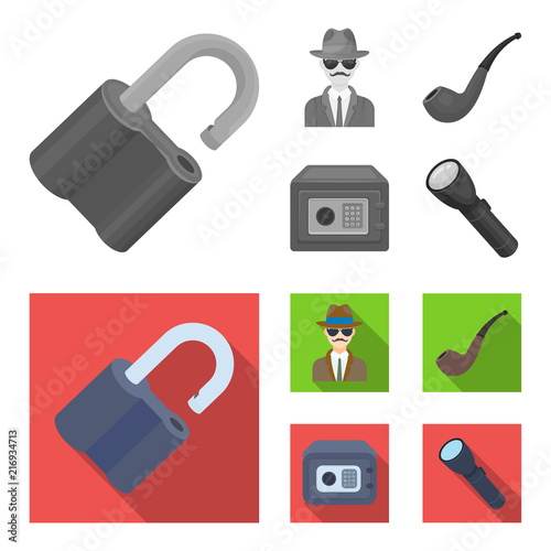Lock hacked, safe, smoking pipe, private detective.Detective set collection icons in monochrome,flat style vector symbol stock illustration web.