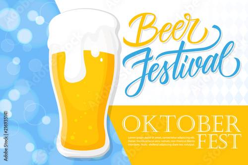 Oktoberfest celebrate banner with glass of beer and handwritten inscription Beer Festival. German traditional beer fest vector illustration.