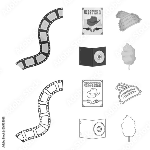 Western cinema, tickets, sweet cotton wool, film on DVD.Filmy and cinema set collection icons in outline,monochrome style vector symbol stock illustration web.