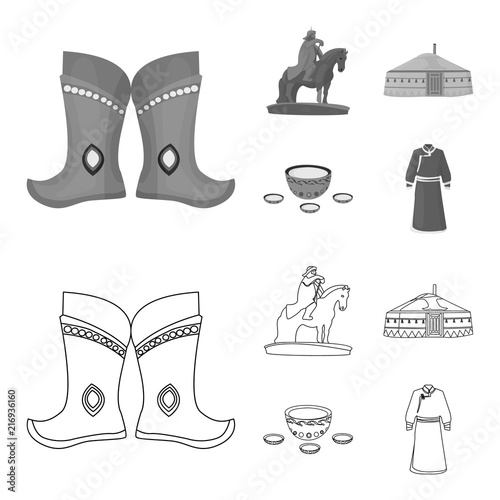 Military boots, a monument to the rider, a national tent, a milk drink. Mongolia set collection icons in outline,monochrome style vector symbol stock illustration web.