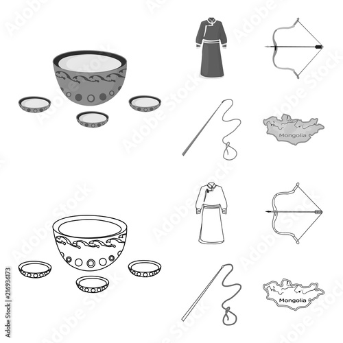 .mongol dressing gown, battle bow, theria on the map, Urga, Khlyst. Mongolia set collection icons in outline,monochrome style vector symbol stock illustration web.