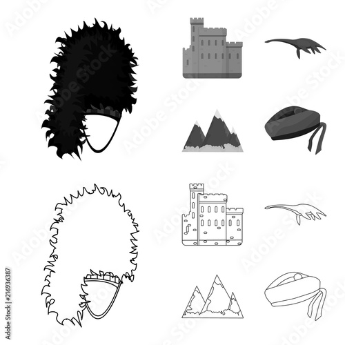 Edinburgh Castle, Loch Ness Monster, Grampian Mountains, national cap balmoral,tam shanter. Scotland set collection icons in outline,monochrome style vector symbol stock illustration web.