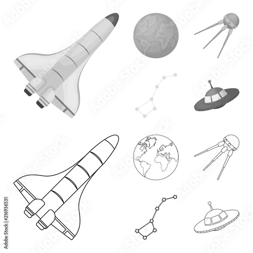 Planet Earth with continents and oceans, flying satellite, Ursa Major, UFO. Space set collection icons in outline,monochrome style vector symbol stock illustration web.