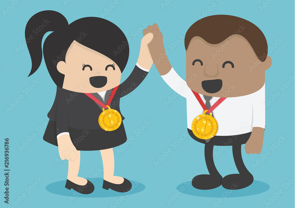 African businessman and businesswoman winner with award champion gold medal celebrates victory and success African businessman and businesswoman winner with award champion gold medal celebrates victory and success