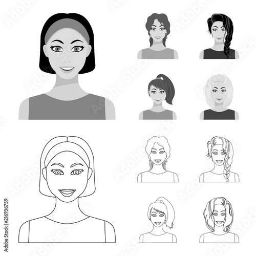 Types of female hairstyles outline,monochrome icons in set collection for design. Appearance of a woman vector symbol stock web illustration. photo