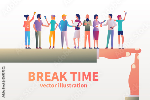 Break time concept. Gesture as a symbol of a break in work. Vector illustration flat design style. Group of people communicate and drink coffee. Lunchtime in office. Modern young people.