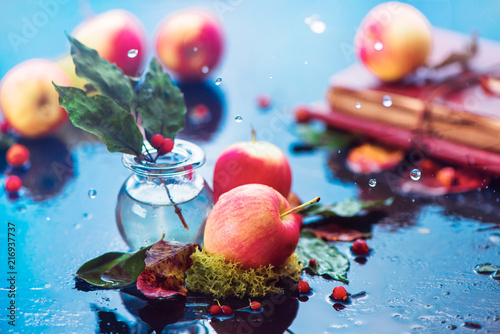 Autumn apples still life. Fall harvest header under the rain with water drops and copy space. Red small organic ranet apples with a glass jar and fallen leaves photo