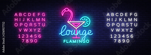 Cocktail lounge neon sign vector. Flamingo concept Design template neon sign, summer light banner, neon signboard, nightly bright advertising, light inscription. Vector. Editing text neon sign