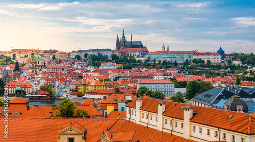 Beautiful summer panoramic image of Prague old town from above in Czech Republic. Rooftop cityscape.