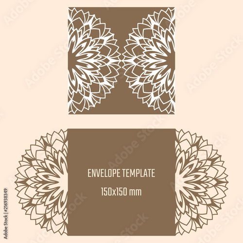 Laser cutting vector envelope. Wedding die cut invitation template. Cutout silhouette card. Scrapbook carved paperwork. Floral layout.