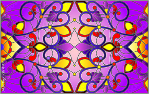 Illustration in stained glass style with abstract swirls,flowers and leaves on a purple background,horizontal orientation