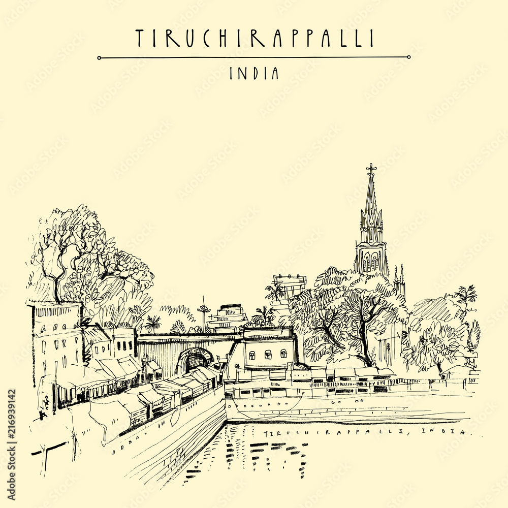 Tiruchirappalli (Trichy), Tamil Nadu state, India. Artistic drawing on paper. Travel sketch. Vintage travel hand drawn postcard