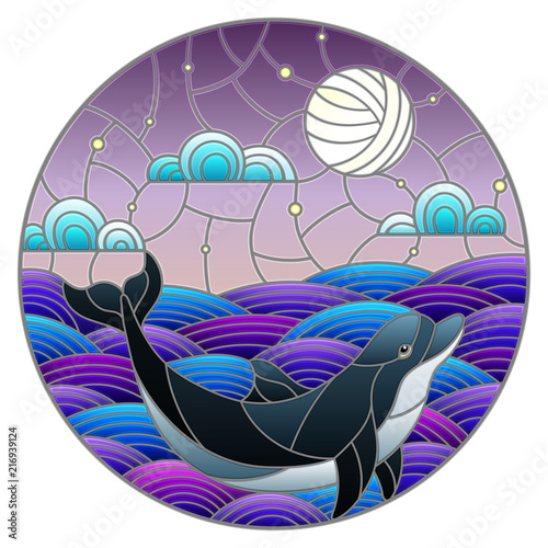 Illustration in stained glass style dolphin into the waves, starry sky,moon  and clouds, round image