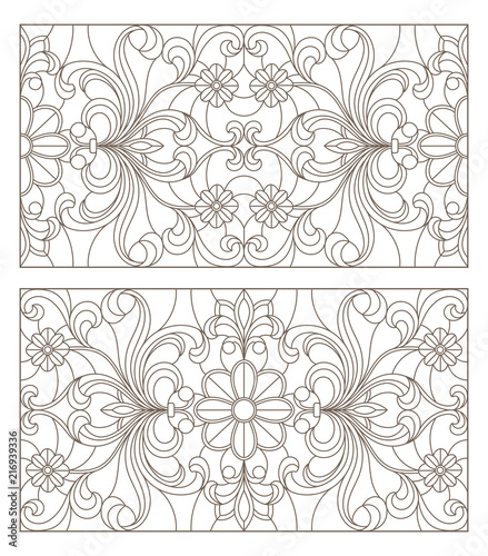 Set contour illustrations of stained glass with abstract swirls and flowers , horizontal orientation