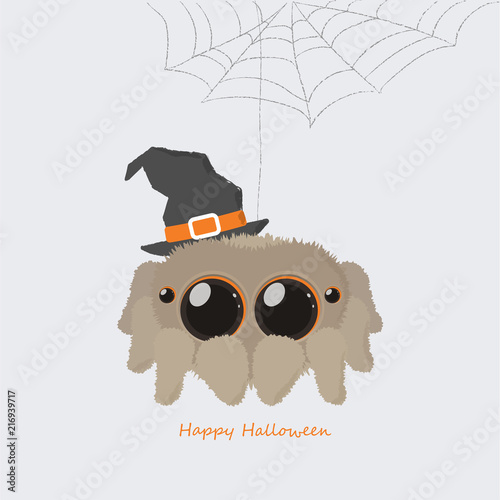 Happy Halloween card, cute spider and web hand drawn vector.
