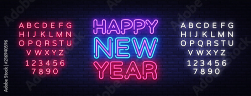 Happy New Year Neon Text Vector. Neon Sign, Greeting card design template with 3D typography label. Light banner, Design element. Vector Illustration. Editing text neon sign