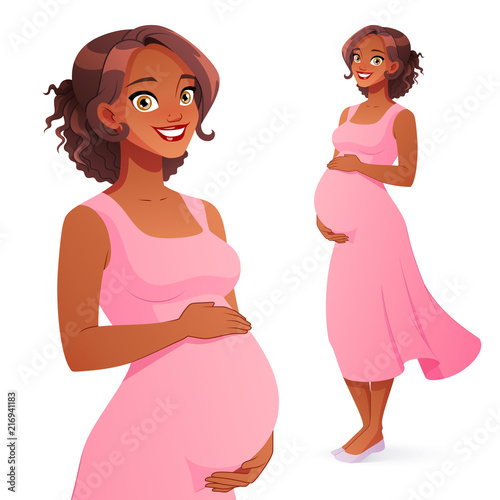 Beautiful African American pregnant woman. Full length isolated vector illustration.