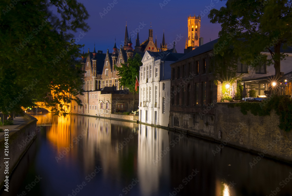 Steenhouwersdijk canal at night, Brugge, Belgium