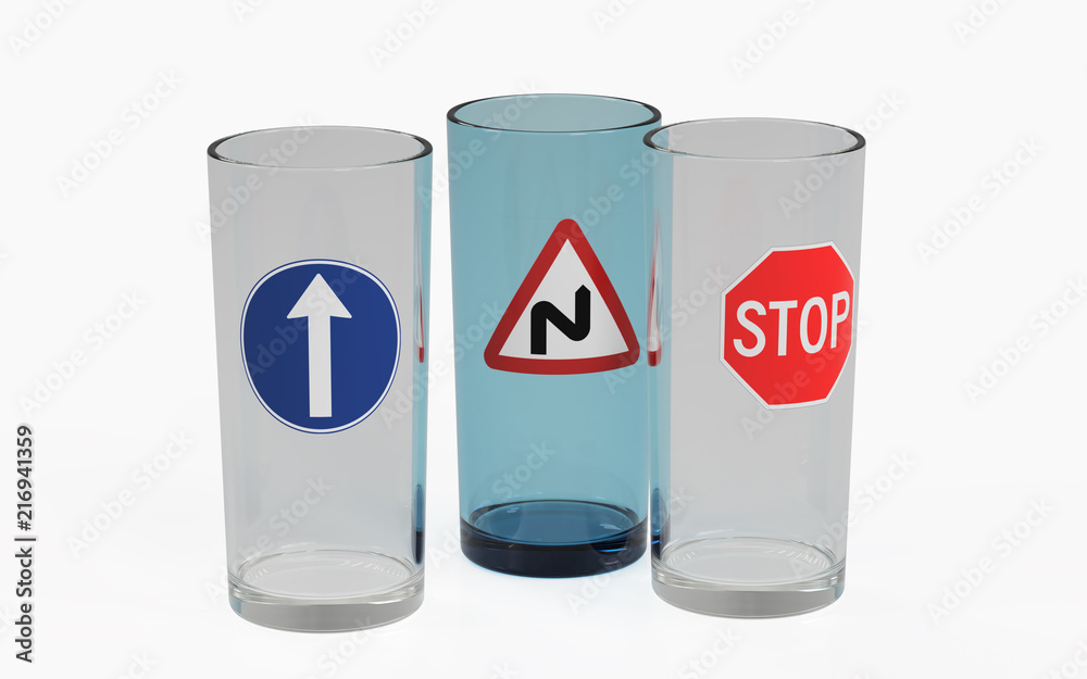 Three empty glass decorated with road signs Three empty glass decorated with road signs