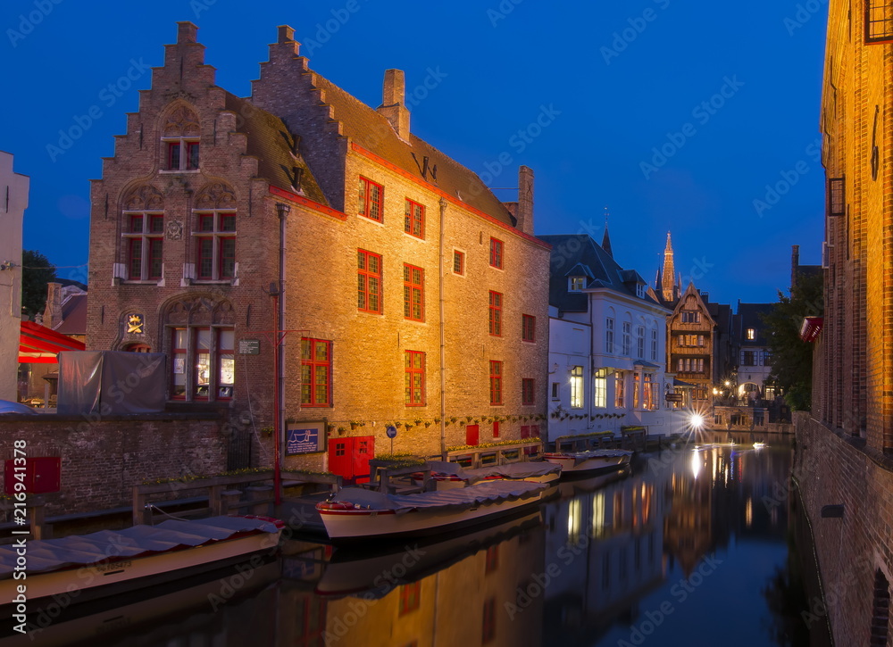 Night view of Bruges canals, Belgium