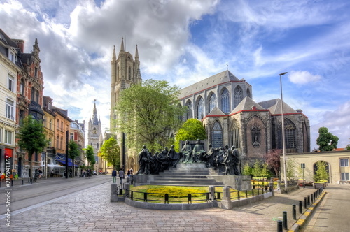 St. Bavo's Cathedral (Sint-Baafskathedraal) and Belfort tower, center of Gent, Belgium photo