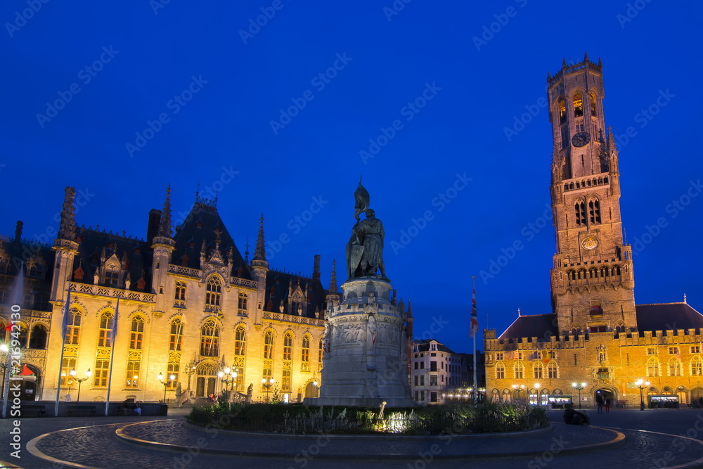 Market square and Belfort tower at night, Bruges, Belgium